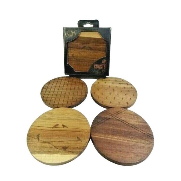 Acacia Wood Coasters 4-Piece Laser Etched Design Trees Birds on Wire New Boxed - Picture 1 of 2